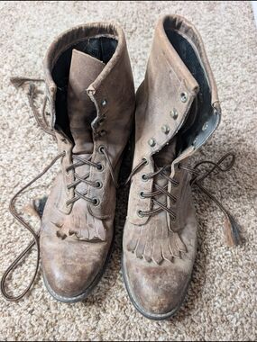 Laredo Brown Leather Lace-Up Ankle Boots with Fringe